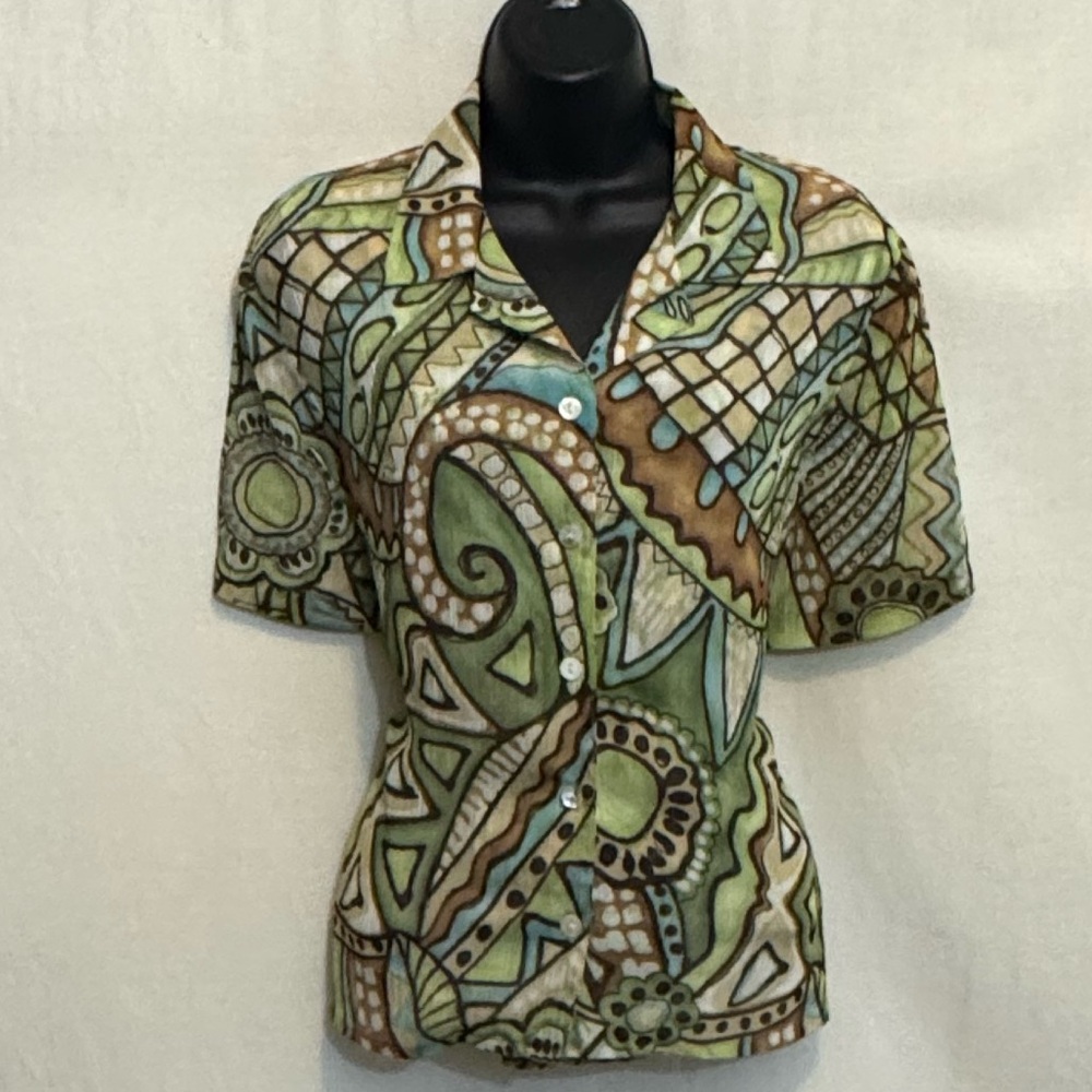 E-92 Alfred Dunner Green & Brown Lined Short Sleeve Button Down Blouse Size 12P